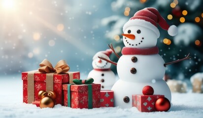 Fototapeta premium merry christmas tree with gifts and snowman. merry. red hat. smile. white. snow. happy. 