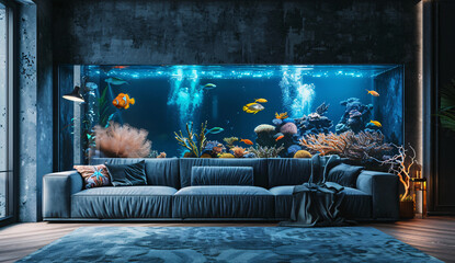 Ultrarealistic aquarium with fish in apartment interior with blue sofa