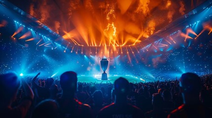 A stadium full of people watching a game with a large trophy in the center