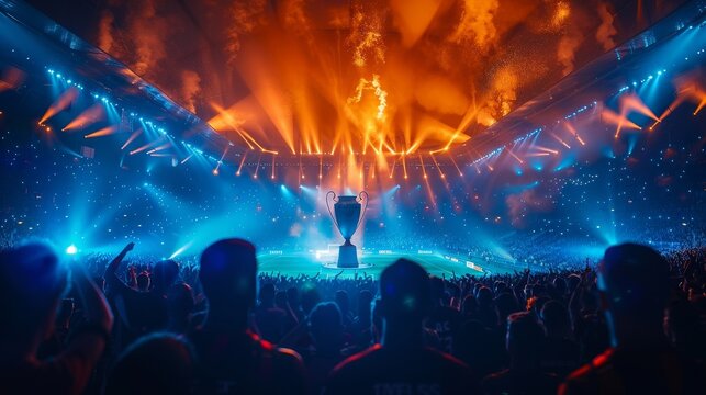A stadium full of people watching a game with a large trophy in the center