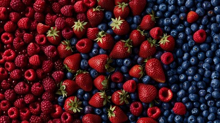 Red berries and blueberries, strawberries, raspberries background.
