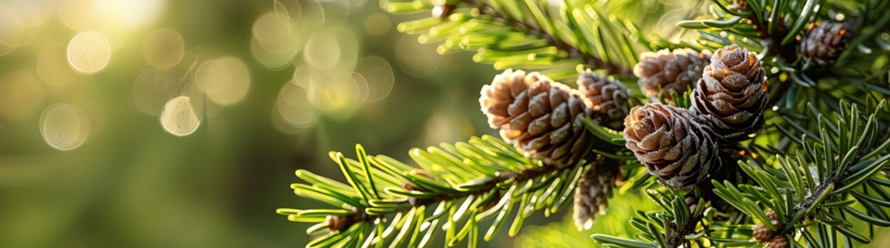 Sapling, young pine tree with buds and cones on a green background, spring nature banner panorama, closeup