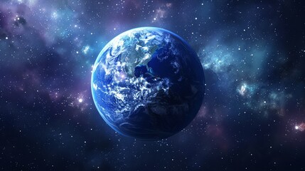 3D rendering of Earth in space with stars and nebula background
