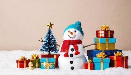 merry christmas tree with gifts and snowman. merry. red hat. smile. white. snow. happy. 