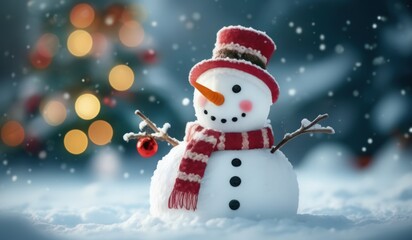 Fototapeta premium merry christmas tree with gifts and snowman. merry. red hat. smile. white. snow. happy. 