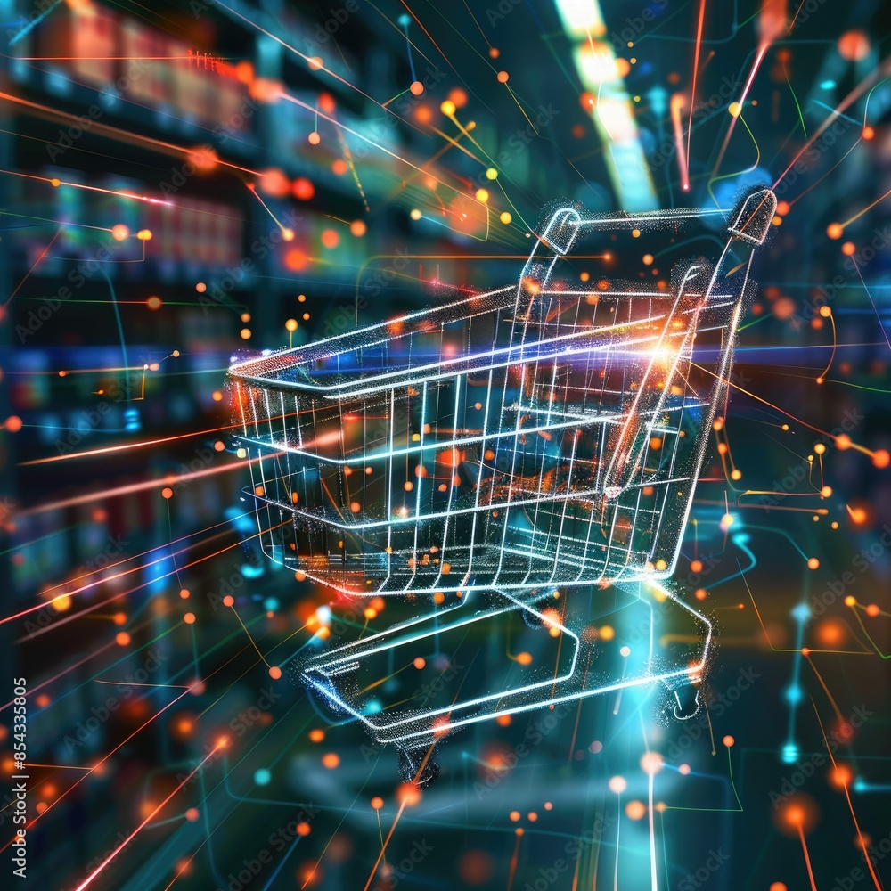 Poster A digital shopping cart icon with pulsating holographic code streaming out of it, set against a dynamic, futuristic background. 
