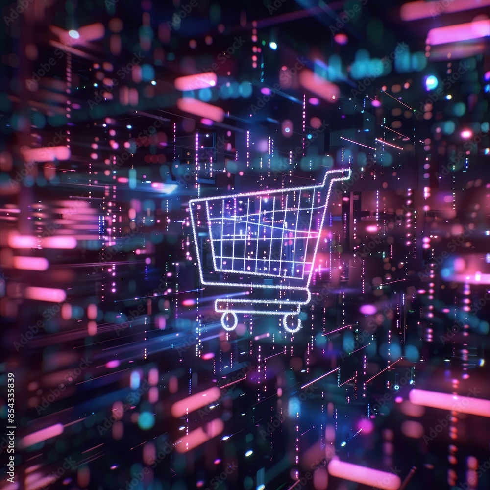 Poster A futuristic background with a shopping cart icon in the center, surrounded by cascading holographic code in various colors. 