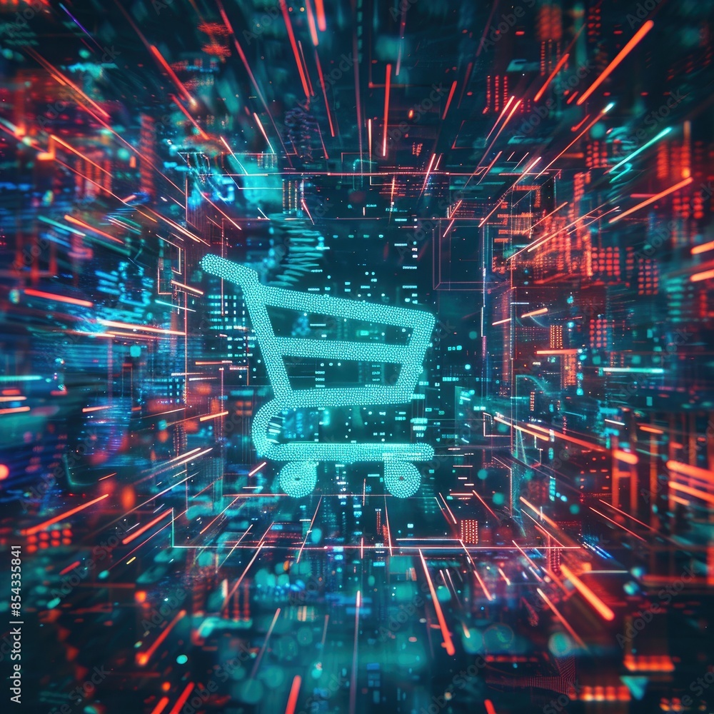 Poster A futuristic background with a shopping cart icon in the center, surrounded by cascading holographic code in various colors.