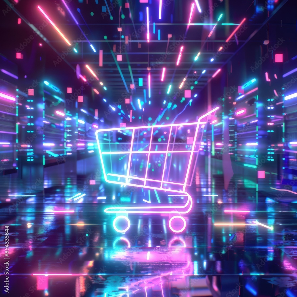 Poster A futuristic background with a shopping cart icon in the center, surrounded by cascading holographic code in various colors.
