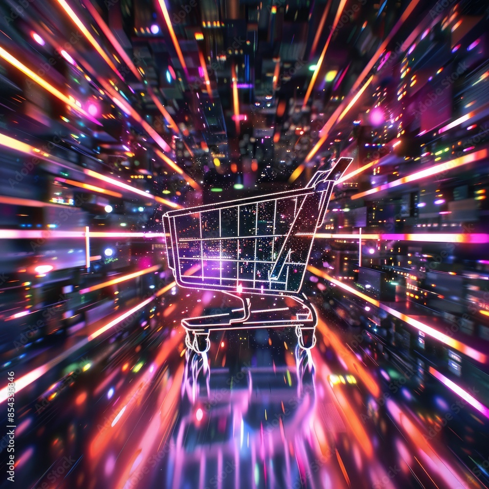 Poster A futuristic background with a shopping cart icon in the center, surrounded by cascading holographic code in various colors. 