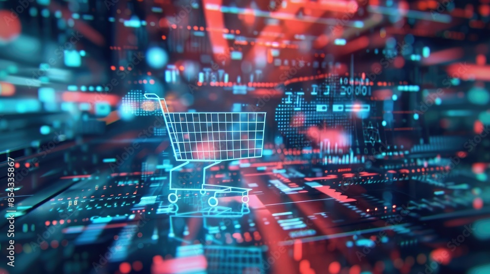 Poster A shopping cart icon projected as a holographic image, with digital code cascading around it in a high-tech setting. 