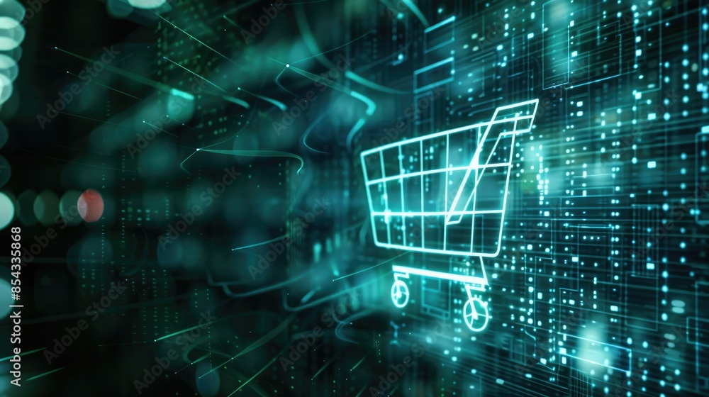 Poster A shopping cart icon projected as a holographic image, with digital code cascading around it in a high-tech setting. 