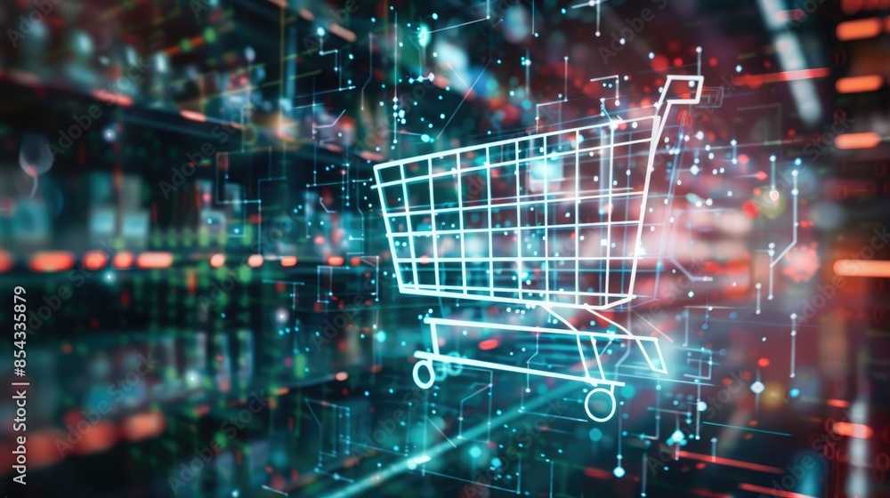 Poster A shopping cart icon projected as a holographic image, with digital code cascading around it in a high-tech setting. 