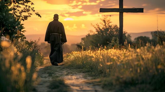 silueta de un fraile monje caminando hacia la cruz en al bosque por un camino que lo conduce a Dios con un hermoso paisaje espiritual y catolico