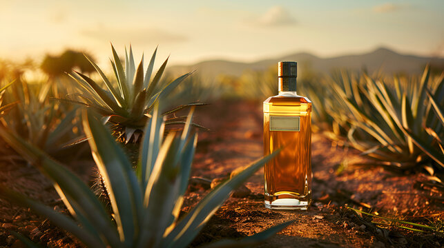 industria tequilera paisaje de un campo de agave plantacion de agave botella de tequila con espacio para copiar