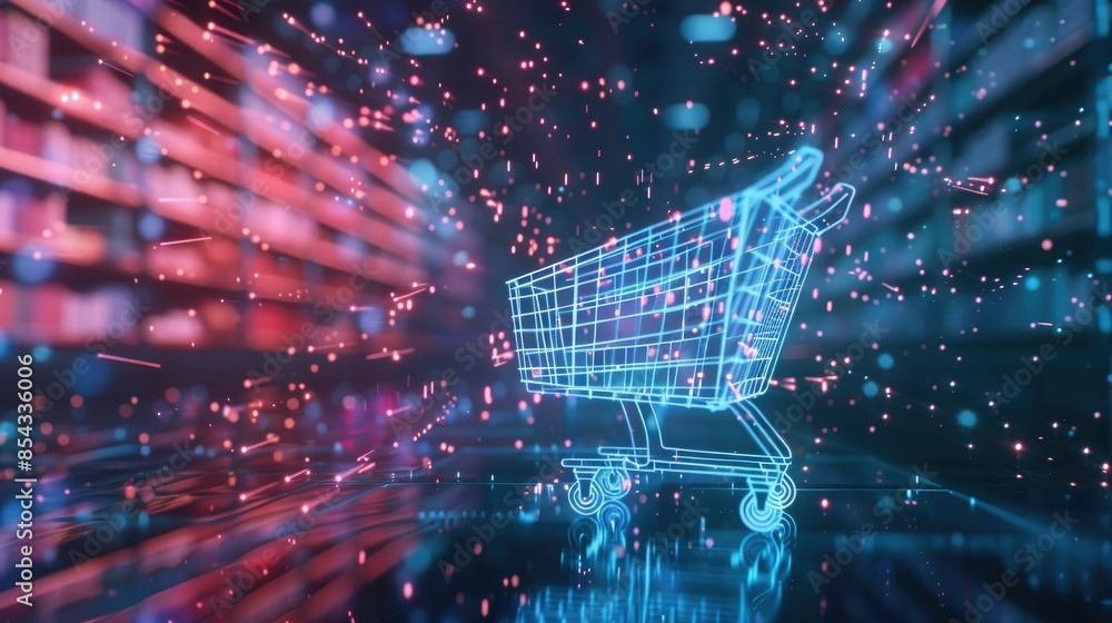 Poster A digital shopping cart icon with holographic lines of code streaming out of it, set against a futuristic, digital background. 