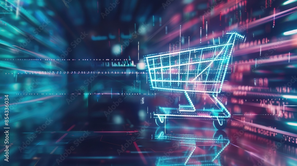 Poster A digital shopping cart icon with holographic lines of code streaming out of it, set against a futuristic, digital background. 