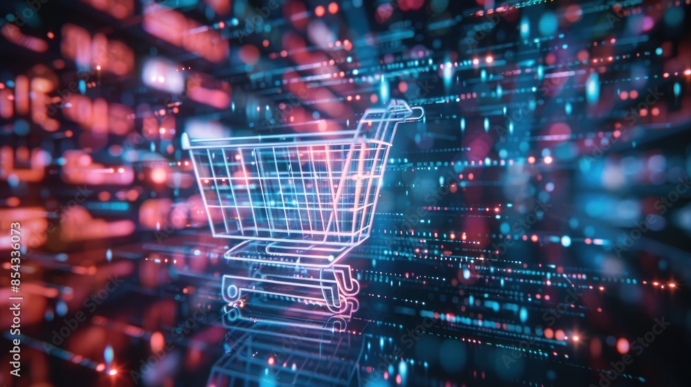 Poster A futuristic background featuring a shopping cart icon made of holographic code, with dynamic lighting effects. 