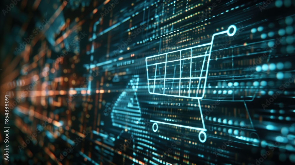 Poster A futuristic background featuring a shopping cart icon made of holographic code, with dynamic lighting effects. 