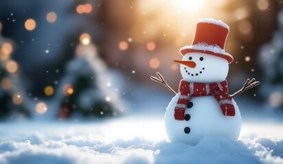 Fototapeta premium snowman in winter secenery with copy space. new model snowman