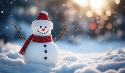 Fototapeta premium snowman in winter secenery with copy space. new model snowman