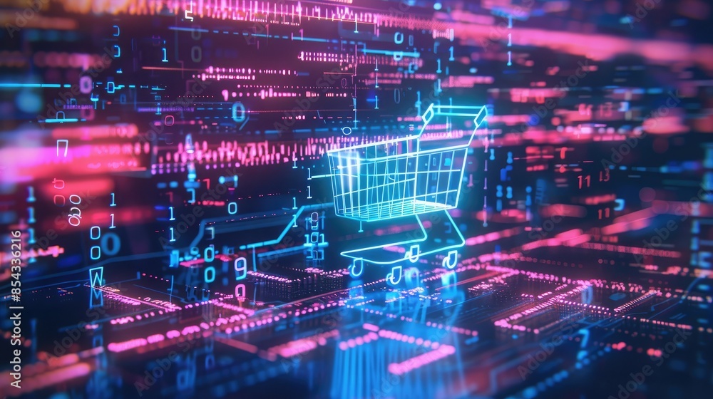 Poster A CGI scene featuring a shopping cart icon glowing in neon colors, surrounded by floating lines of code and data streams. 