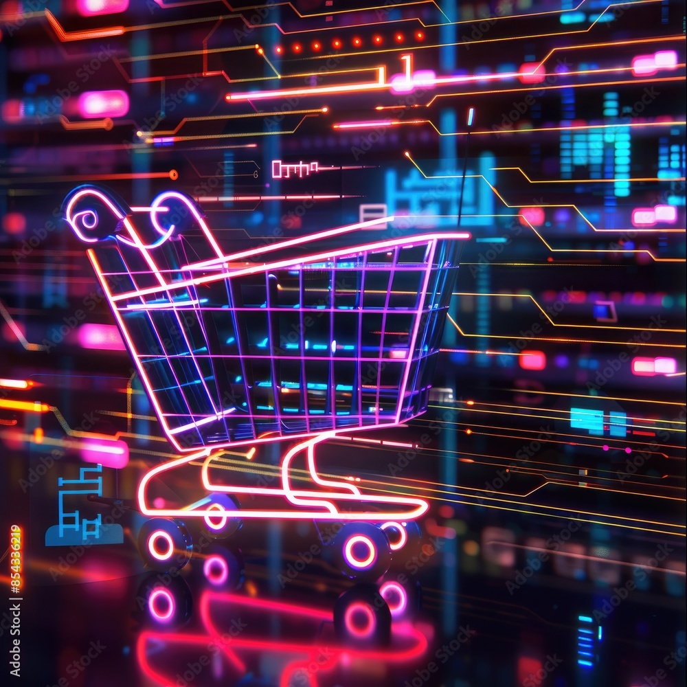 Poster A CGI scene featuring a shopping cart icon glowing in neon colors, surrounded by floating lines of code and data streams. 