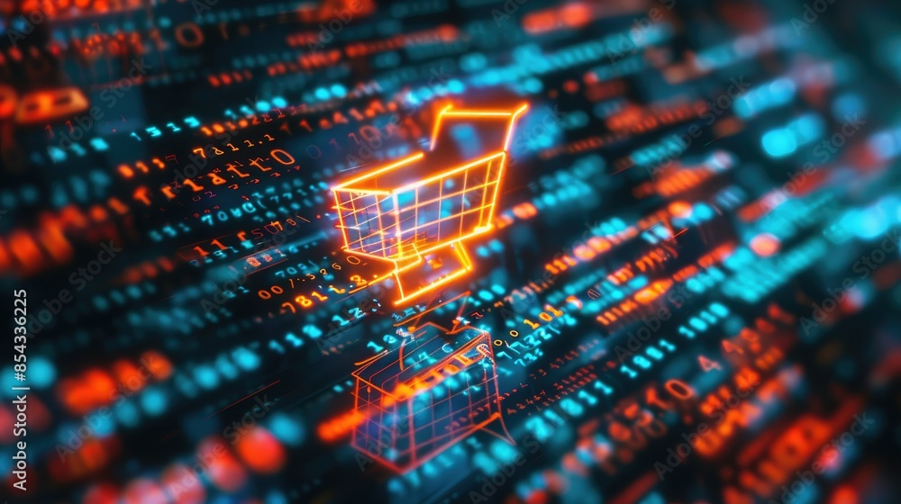 Poster A CGI scene featuring a shopping cart icon glowing in neon colors, surrounded by floating lines of code and data streams. 