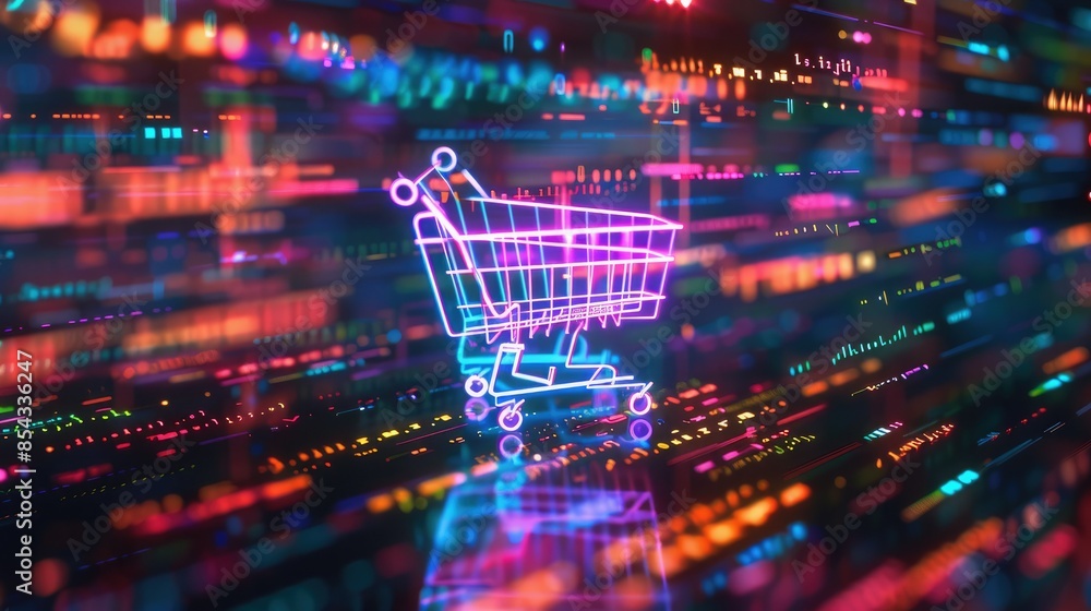 Poster A CGI scene featuring a shopping cart icon glowing in neon colors, surrounded by floating lines of code and data streams. 