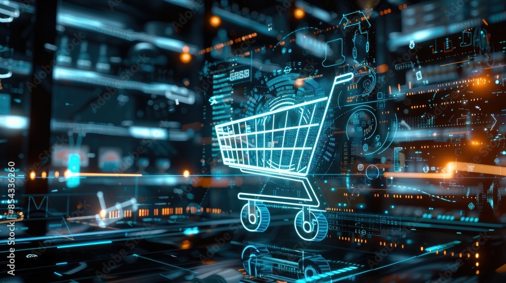 Poster A futuristic CGI render of a shopping cart icon surrounded by holographic code and digital symbols, set against a high-tech background.