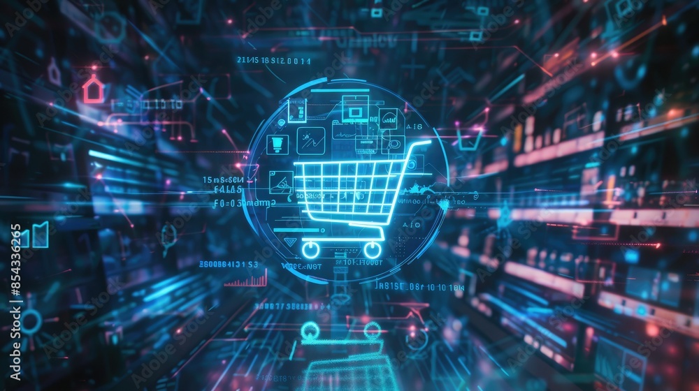 Poster A futuristic CGI render of a shopping cart icon surrounded by holographic code and digital symbols, set against a high-tech background. 