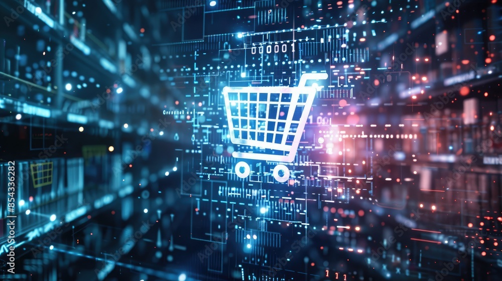 Poster A futuristic CGI render of a shopping cart icon surrounded by holographic code and digital symbols, set against a high-tech background. 