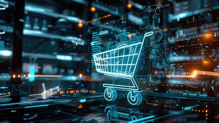 A futuristic CGI render of a shopping cart icon surrounded by holographic code and digital symbols, set against a high-tech background.