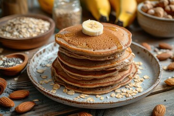 A stack of pancakes with a banana on top
