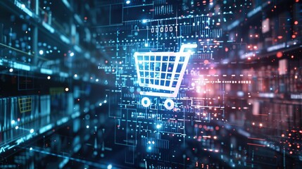 A futuristic CGI render of a shopping cart icon surrounded by holographic code and digital symbols, set against a high-tech background. 