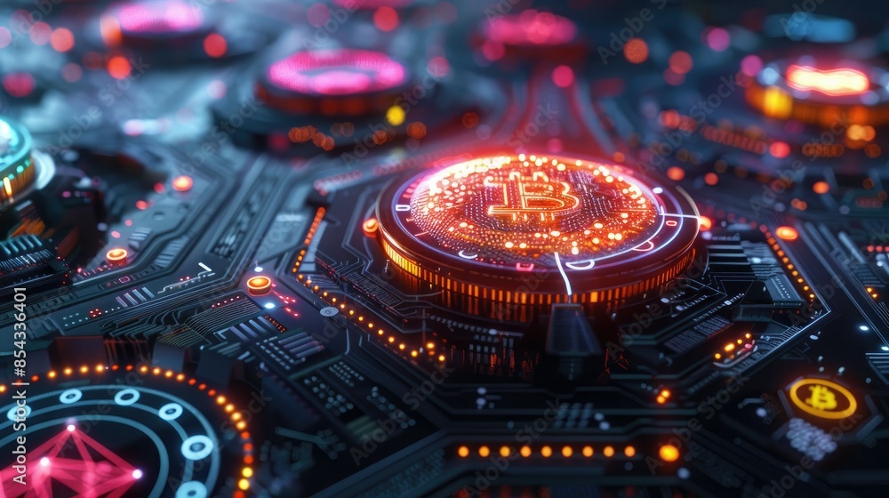 Poster A futuristic CGI render of a digital wallet with a glowing blockchain network and various colorful digital coins surrounding it. 