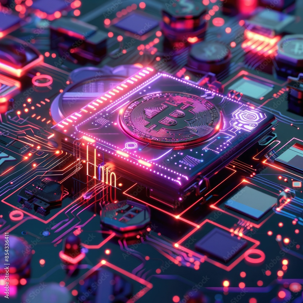 Poster A futuristic CGI render of a digital wallet with a glowing blockchain network and various colorful digital coins surrounding it. 