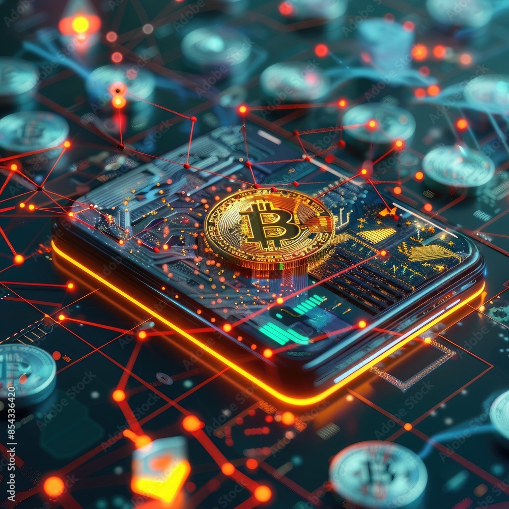 Aufkleber A futuristic CGI render of a digital wallet with a glowing blockchain network and various colorful digital coins surrounding it.