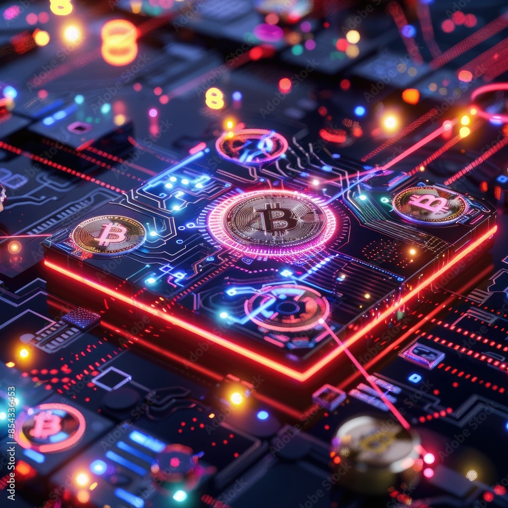 Aufkleber A futuristic CGI render of a digital wallet with a glowing blockchain network and various colorful digital coins surrounding it. 