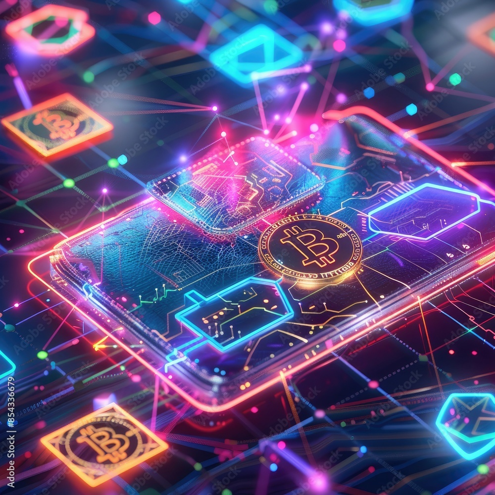 Poster A digital wallet with a futuristic interface, surrounded by a network of colorful, glowing cryptocurrency symbols. 