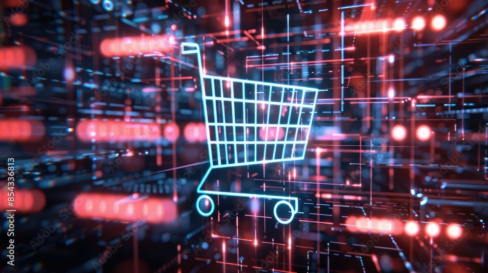 Poster A CGI 3D render of a shopping cart icon surrounded by a holographic code, set against a futuristic digital background with neon lights. 