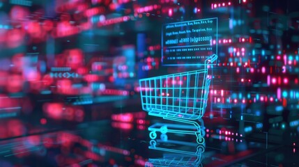 A CGI 3D render of a shopping cart icon surrounded by a holographic code, set against a futuristic digital background with neon lights. 