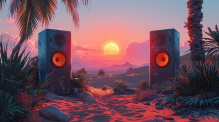 A surreal image featuring gigantic speakers flanking a beautiful sunset in a desert, evoking a sense of otherworldly music