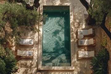 Top-down view of inviting private pool area with sun loungers and an idyllic setting for a perfect retreat