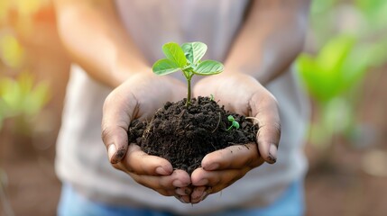 Hand of woman holding young seedling with soil in nature background, Earth Day concept, copy space banner for garden and environment protection idea