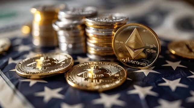 Cryptocurrency coins, with a focus on Ethereum, lie scattered on the starry part of the US flag, indicating digital currency's impact