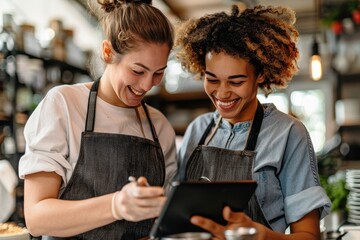 Smiling baristas in aprons look at a digital tablet while working in a bustling coffee shop environment - Powered by Adobe