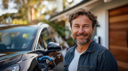 smiling man is charging an electric car with the attached charger.