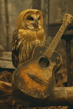 Owl holding old guitar in vintage setting