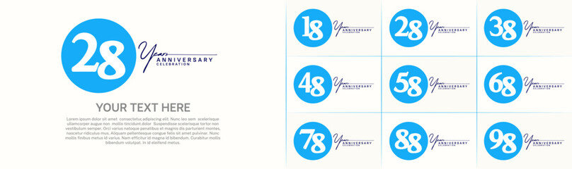 anniversary logotype set vector, blue color circle for special day celebration
